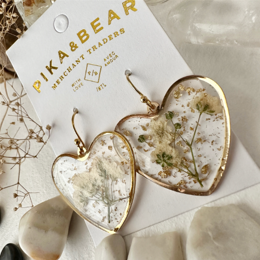 Clear Acrylic Heart Earrings with Baby's Breath Blossoms