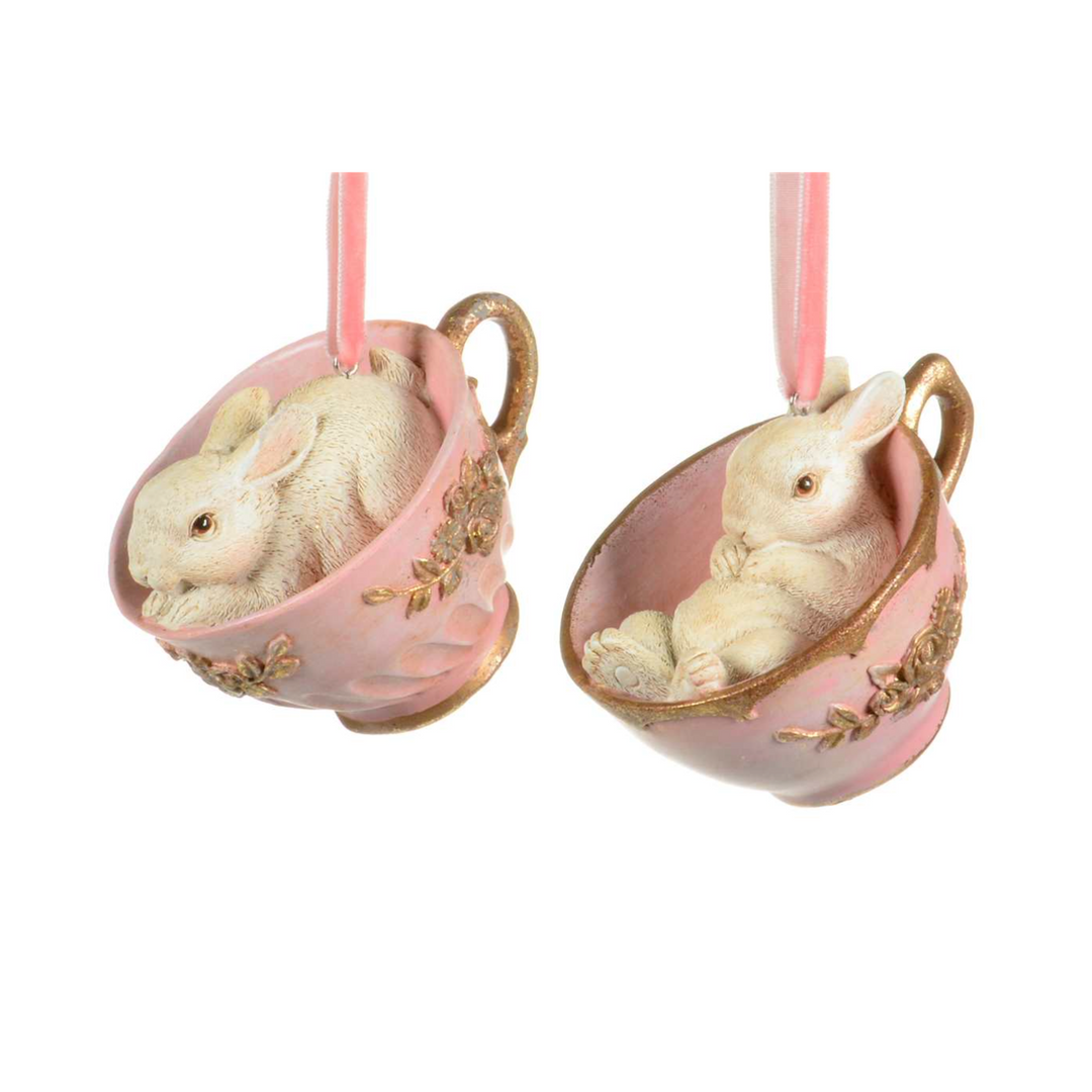 Adorable Bunny Comfy in Ornate Pink & Gold Painted Teacup Ornament