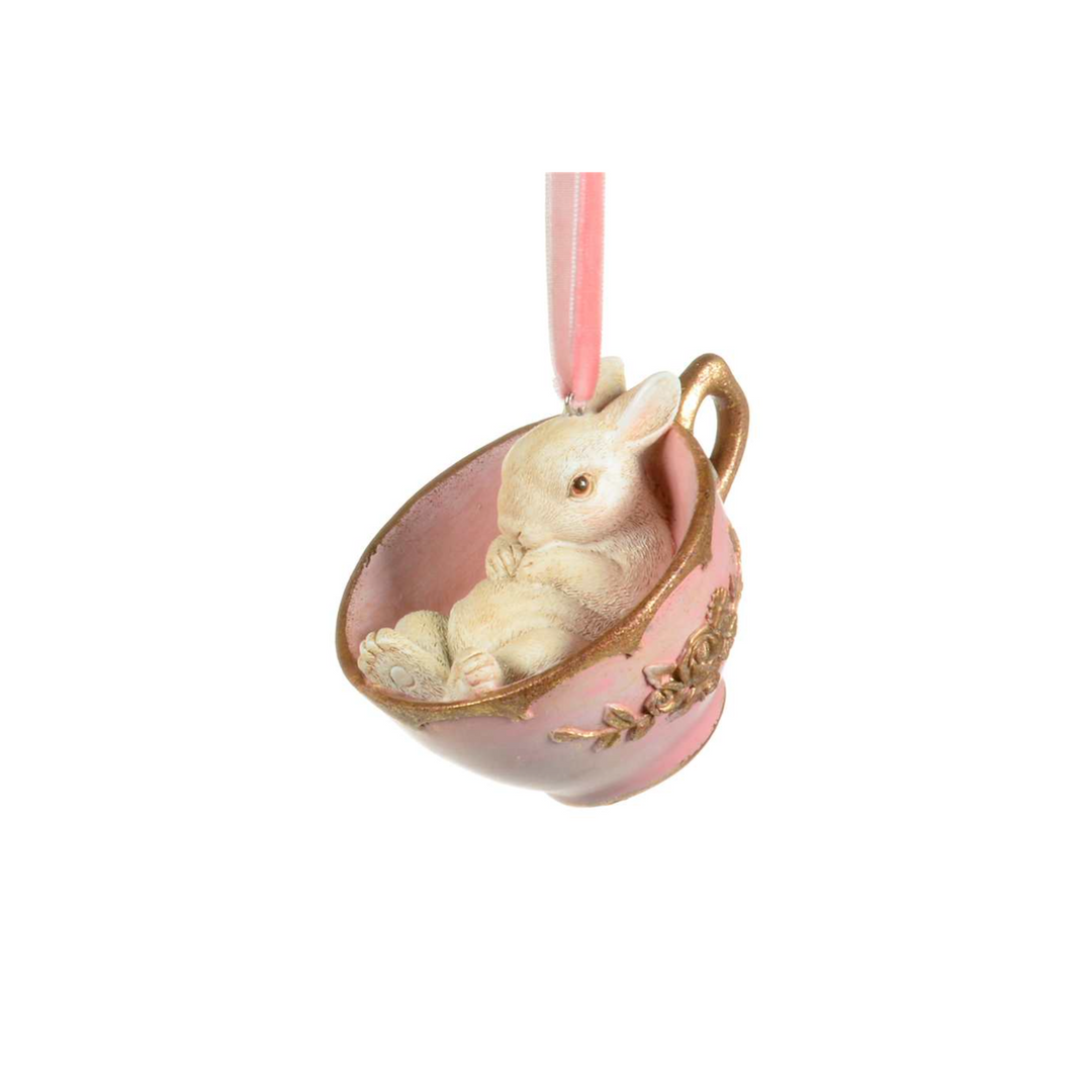 Adorable Bunny Comfy in Ornate Pink & Gold Painted Teacup Ornament