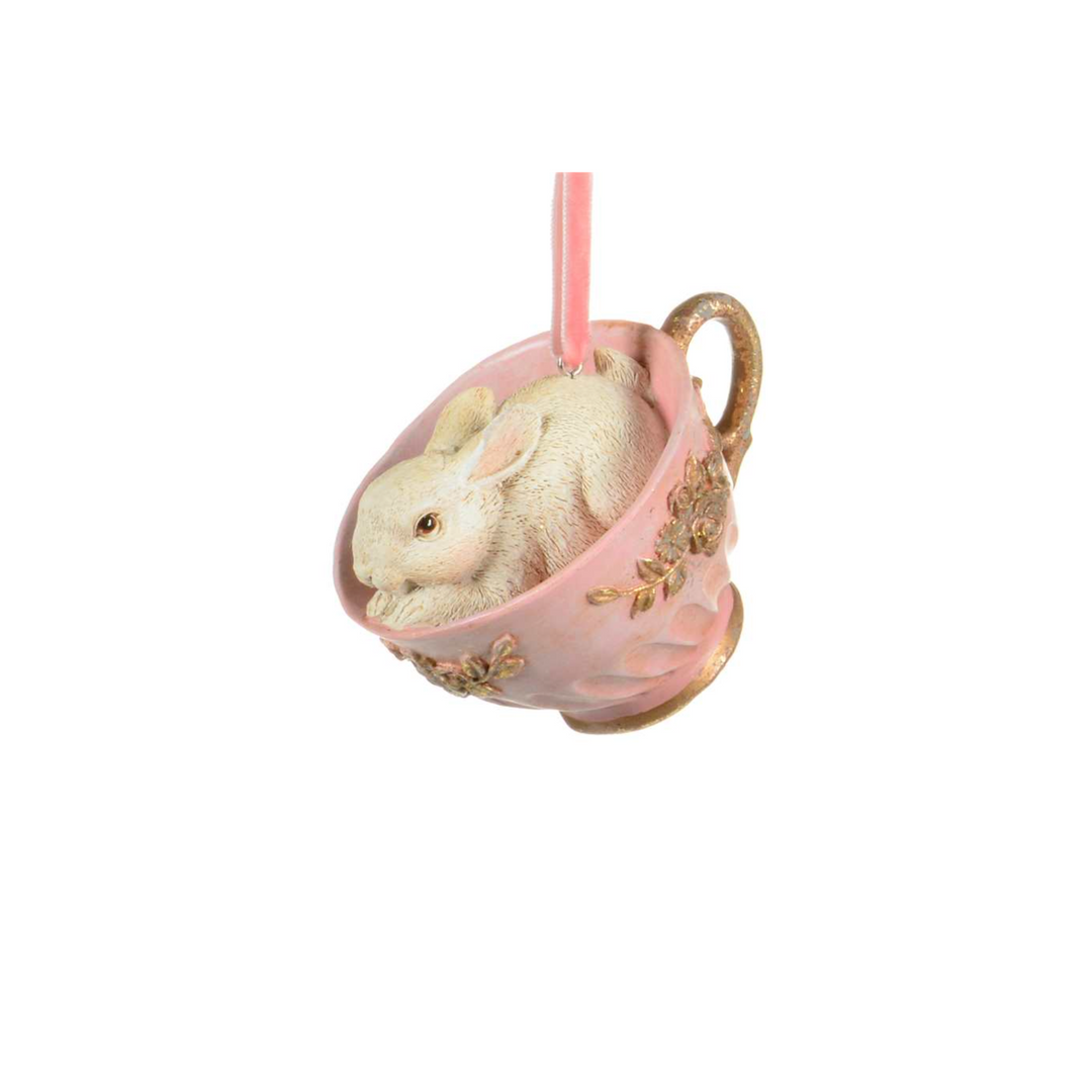 Adorable Bunny Comfy in Ornate Pink & Gold Painted Teacup Ornament