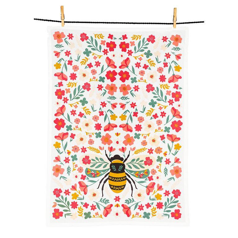 Floral Bee & Vibrant Flowers Cotton Tea Towel