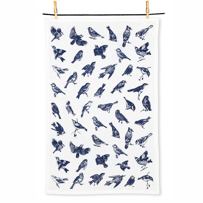 Illustrated Navy Blue Birds Cotton Tea Towel