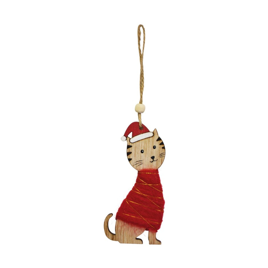 Wood Cat in Red Sweater Ornament