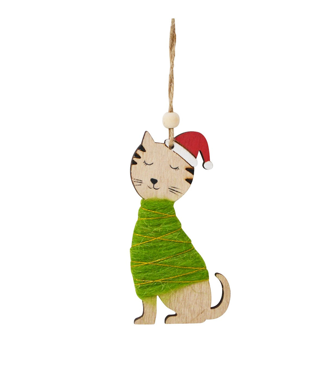 Wood Cat in Green Sweater Ornament