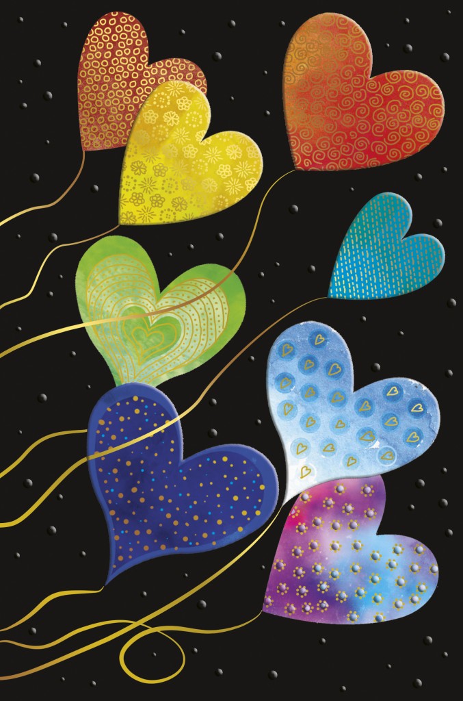 Colourful Metallic Heart Balloons Embossed Greeting Card