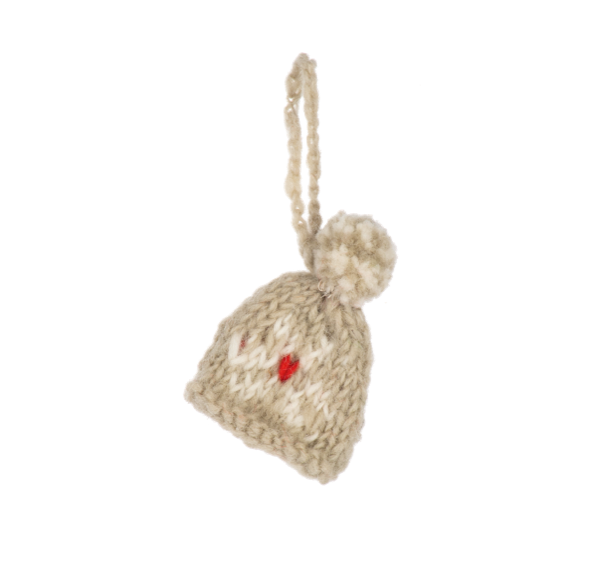 Handmade Super Teeny Knitted Wool Hat Ornament | Beige with Flower