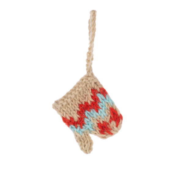 Handmade Super Teeny Knitted Mitten Ornament | Beige & ZigZag Striped