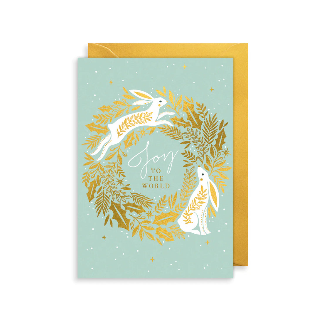 Joy to the World Golden Rabbits Greeting Card