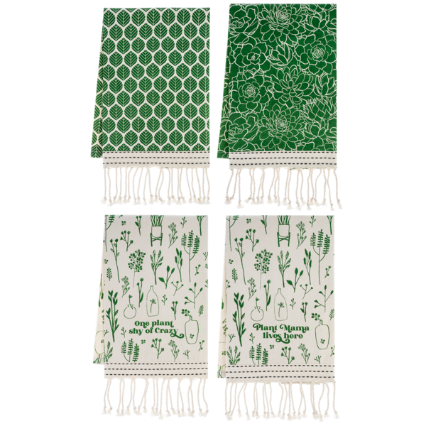 Assorted Green Garden Tea Towels with Tassles