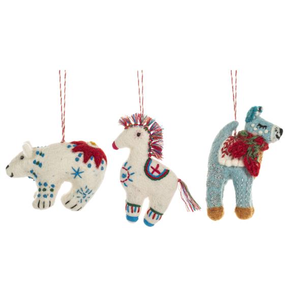 Cheery Embroidered Felted Animal Ornaments