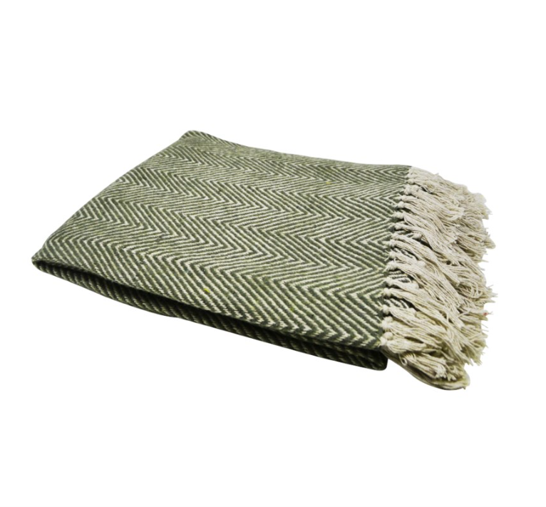 Forest Green & Ivory Cotton Throw Blanket