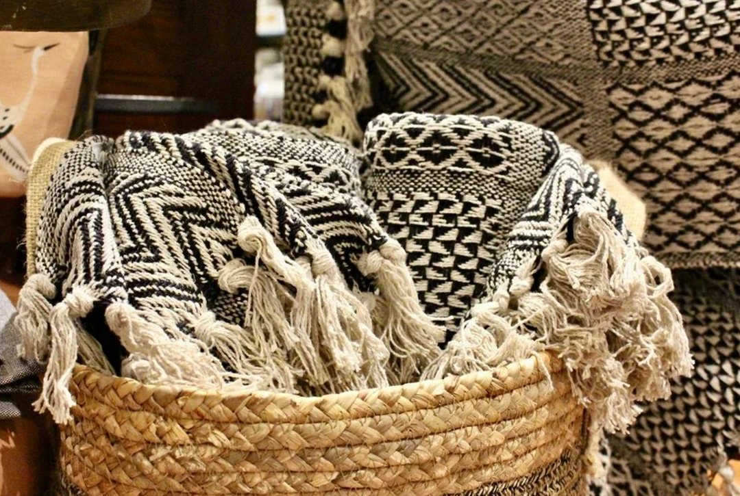 Helen + Hildegard Cotton Throw w Black & White Geometric Patterns in Basket