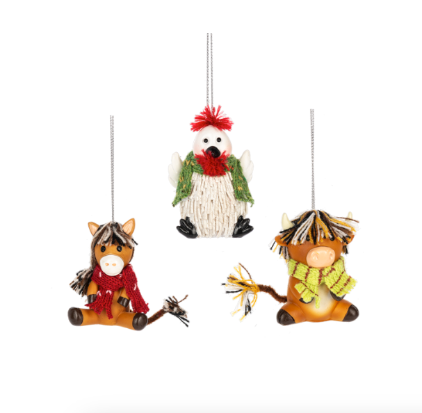 Fuzzy Barnyard Friends with Scarves Ornaments