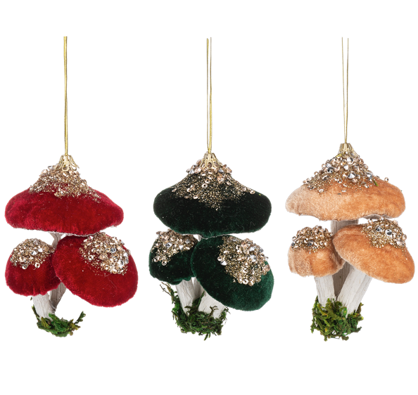 Sparkling Green Velvet-Capped Mushroom Cluster Ornament