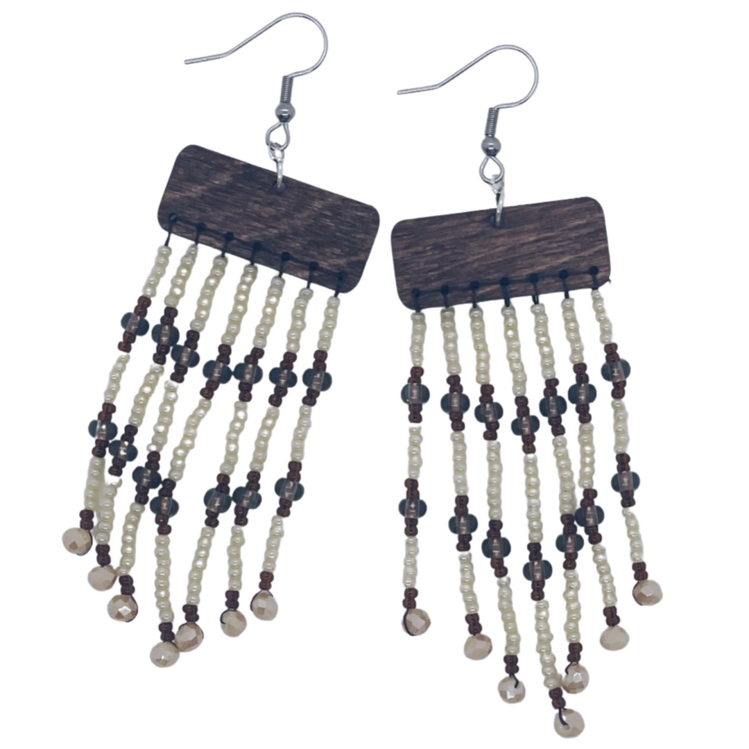 Beaded Earrings | Wood with Brown & Champaign Beads
