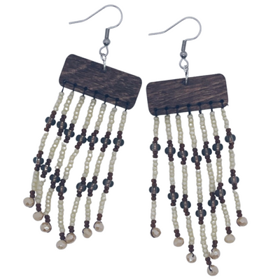Beaded Earrings | Wood with Brown & Champaign Beads