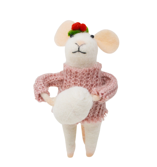 Pink Sweater Snowball Mouse Ornament
