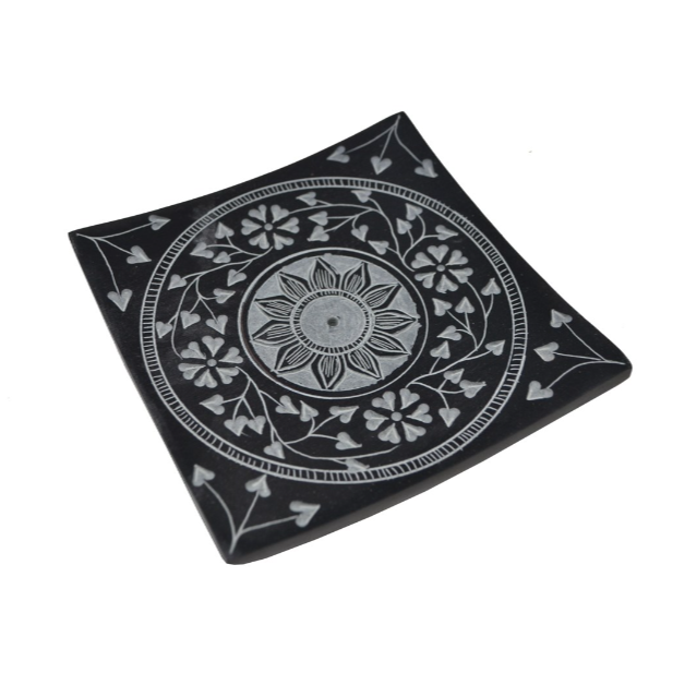 Square Soapstone Etched Incense Holder